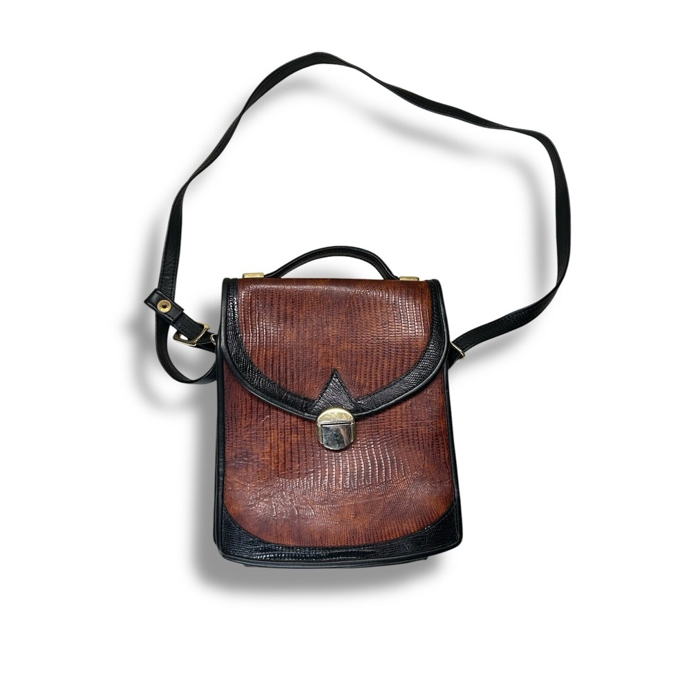 Vintage Snakeskin Leather‎ Embossed Crossbody Satchel Bag Cognac Brown